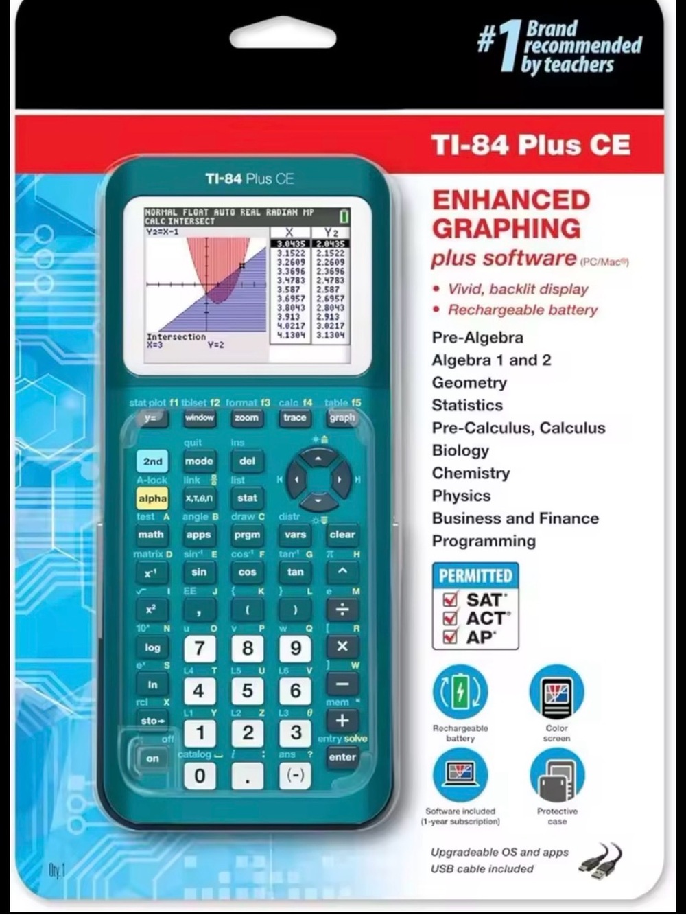 Texas Instruments Teal TI-84 Plus CE Graphing Calculator with Cable